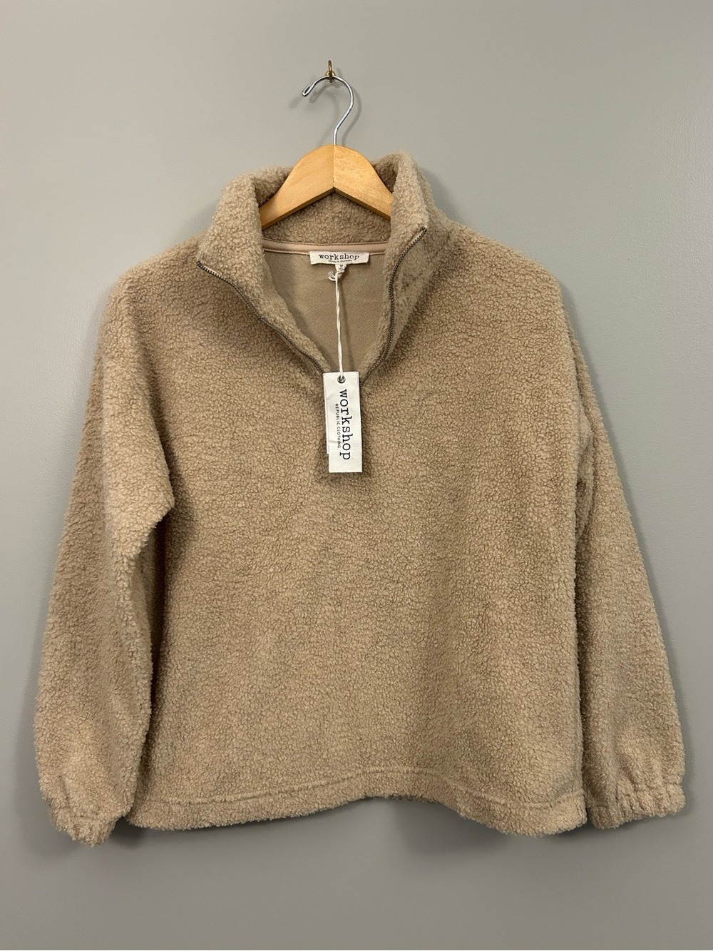 Workshop Republic Clothing Cozy Sherpa Quarter-Zip Pullover - Taupe Medium NWT